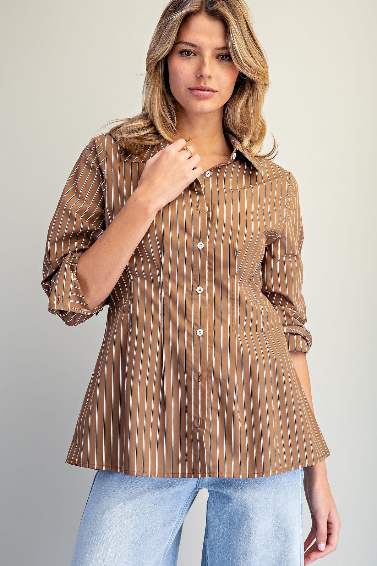 Striped Cinched Waist Button Down Top