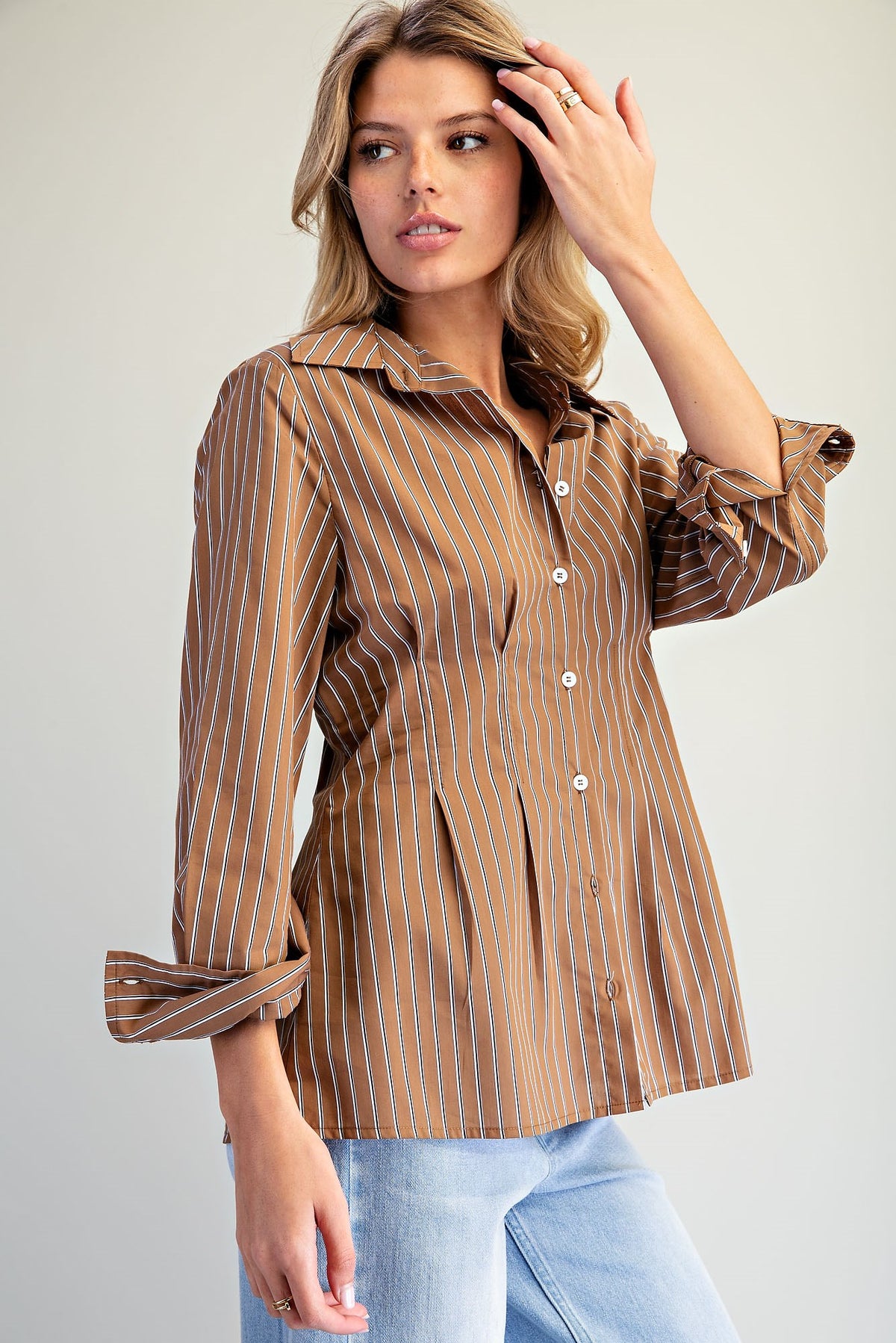 Striped Cinched Waist Button Down Top