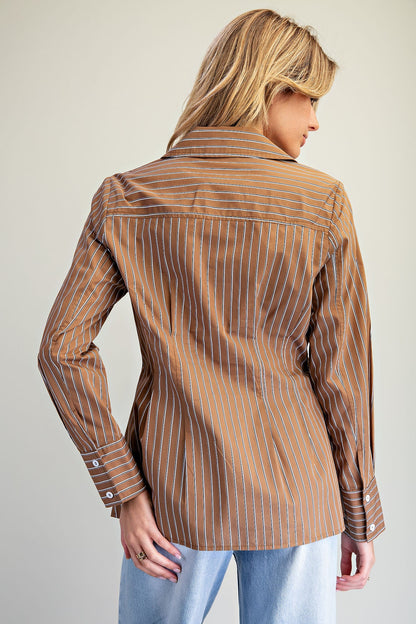 Striped Cinched Waist Button Down Top