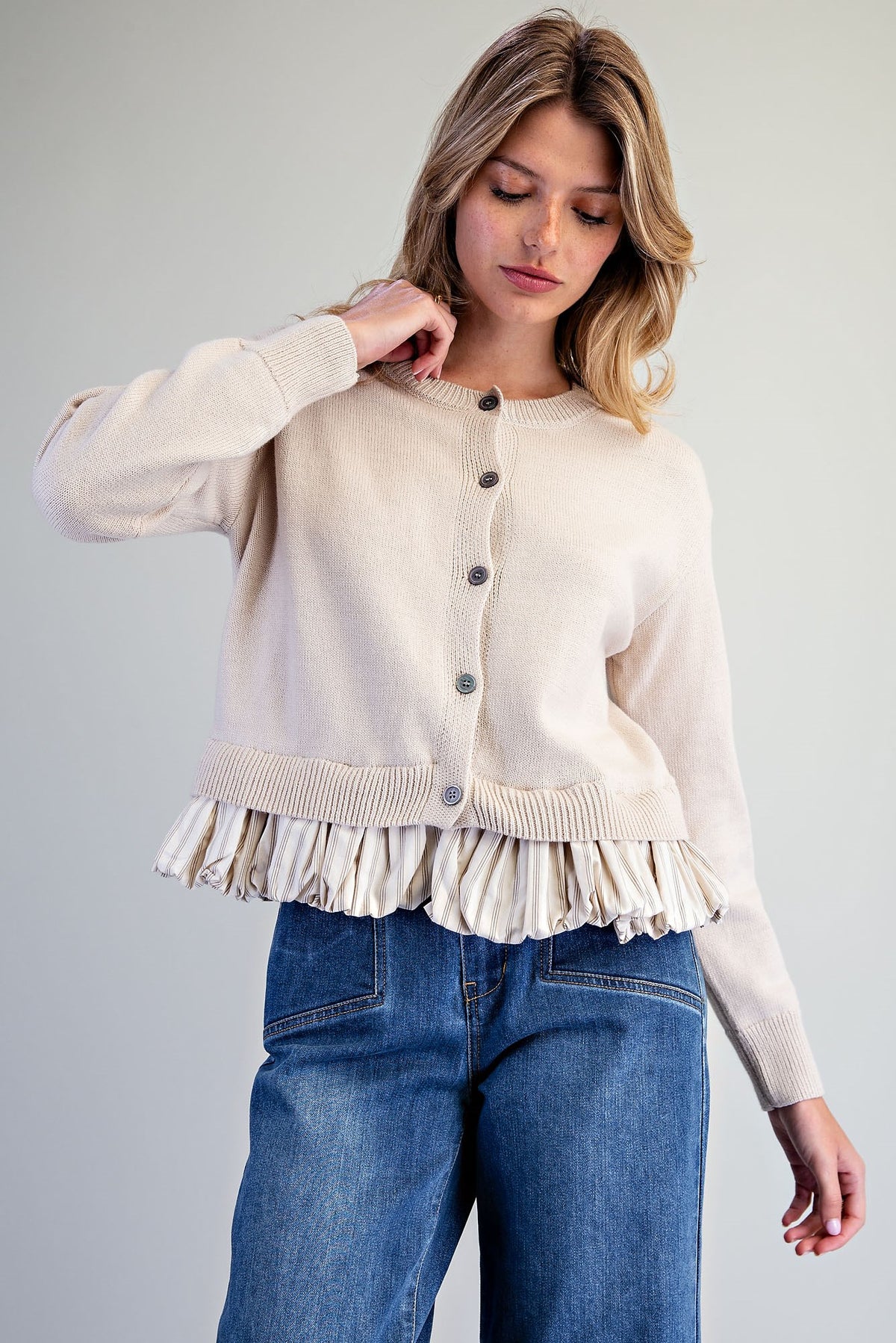 Button Down Striped Hem Cardigan