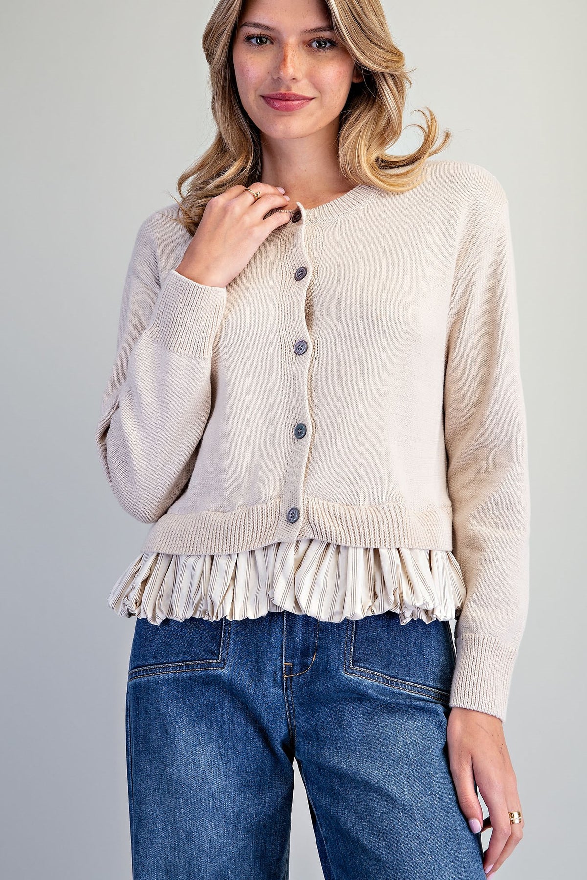 Button Down Striped Hem Cardigan