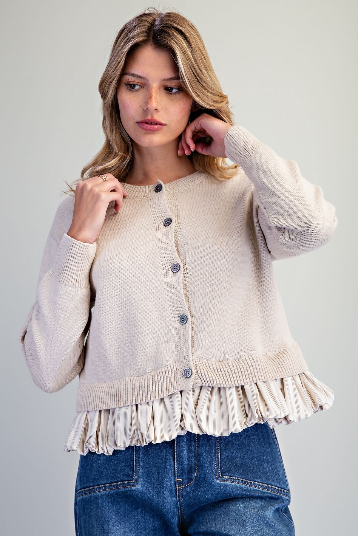 Button Down Striped Hem Cardigan