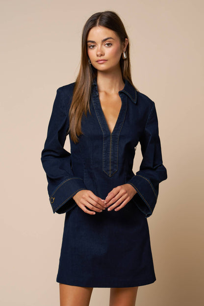 Collared Deep V-Neck Mini Dress