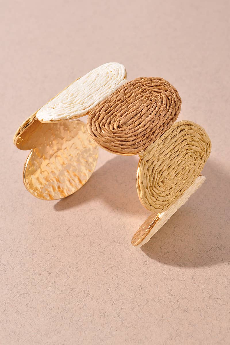 WOVEN RAFFIA DISC METAL CUFF BRACELET