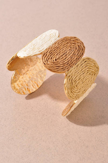 WOVEN RAFFIA DISC METAL CUFF BRACELET