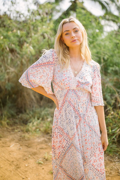 Patchwork Floral Flutter Sleeve Maxi Dress