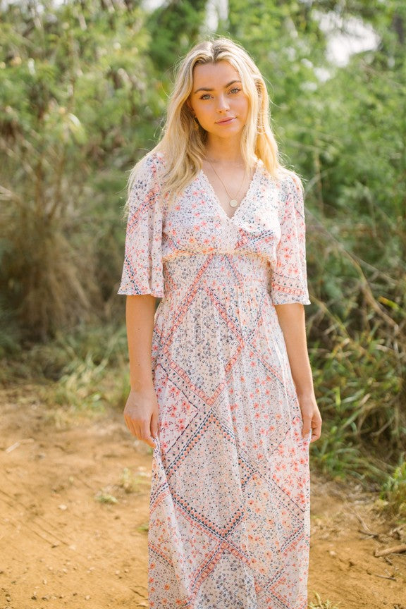 Patchwork Floral Flutter Sleeve Maxi Dress