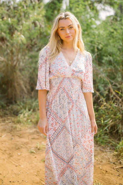 Patchwork Floral Flutter Sleeve Maxi Dress