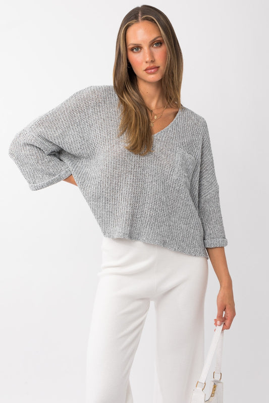 Short Roll-up Sleeve V-neck Top