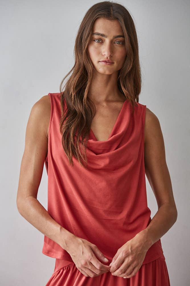 Knit Polyester Spandex Sleeveless Cowl Neck Top