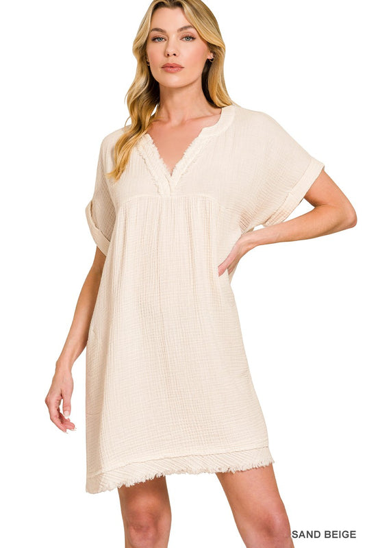 Double Gauze Raw Edge V-neck Dress