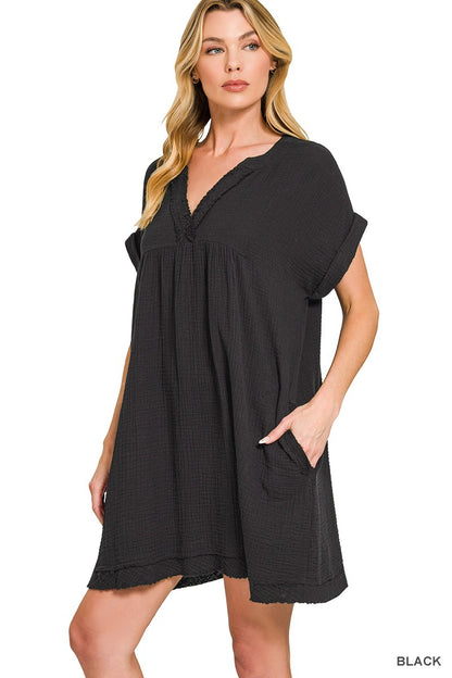 Double Gauze Raw Edge V-neck Dress