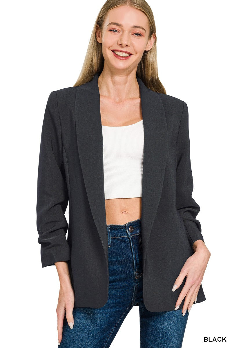 Woven 3/4 Ruched Sleeve Open Front Classic Blazer