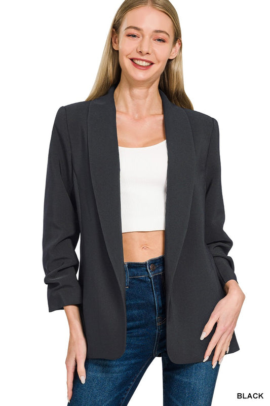 Woven 3/4 Ruched Sleeve Open Front Classic Blazer