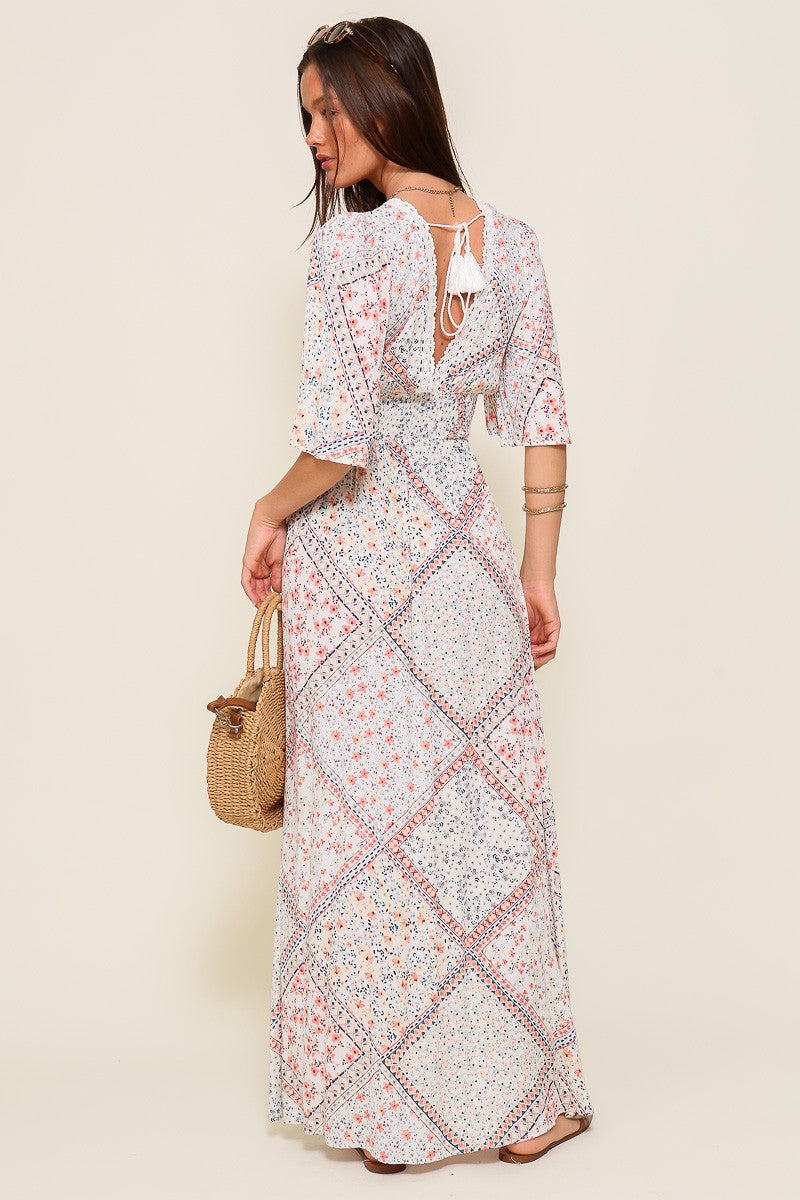 Patchwork Floral Flutter Sleeve Maxi Dress