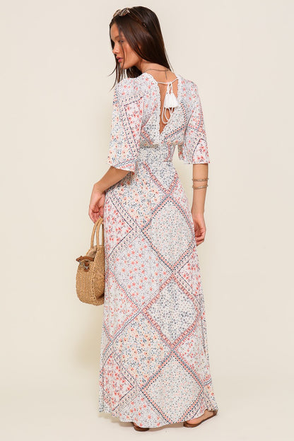Patchwork Floral Flutter Sleeve Maxi Dress