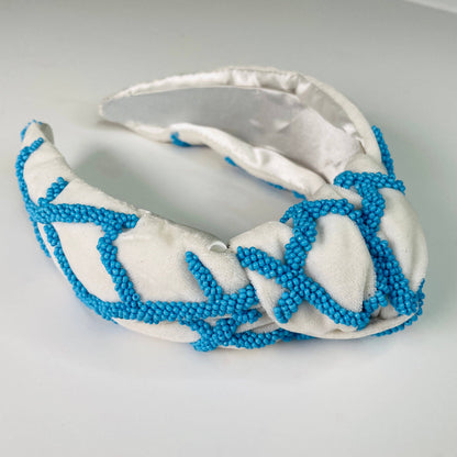 Preppy Blue & White Seed Bead Lattice Luxury Knot Headband