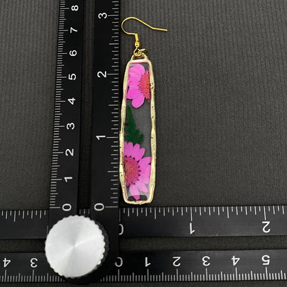 Pressed Dried Flower Long Rectangular Dangle Earrings -