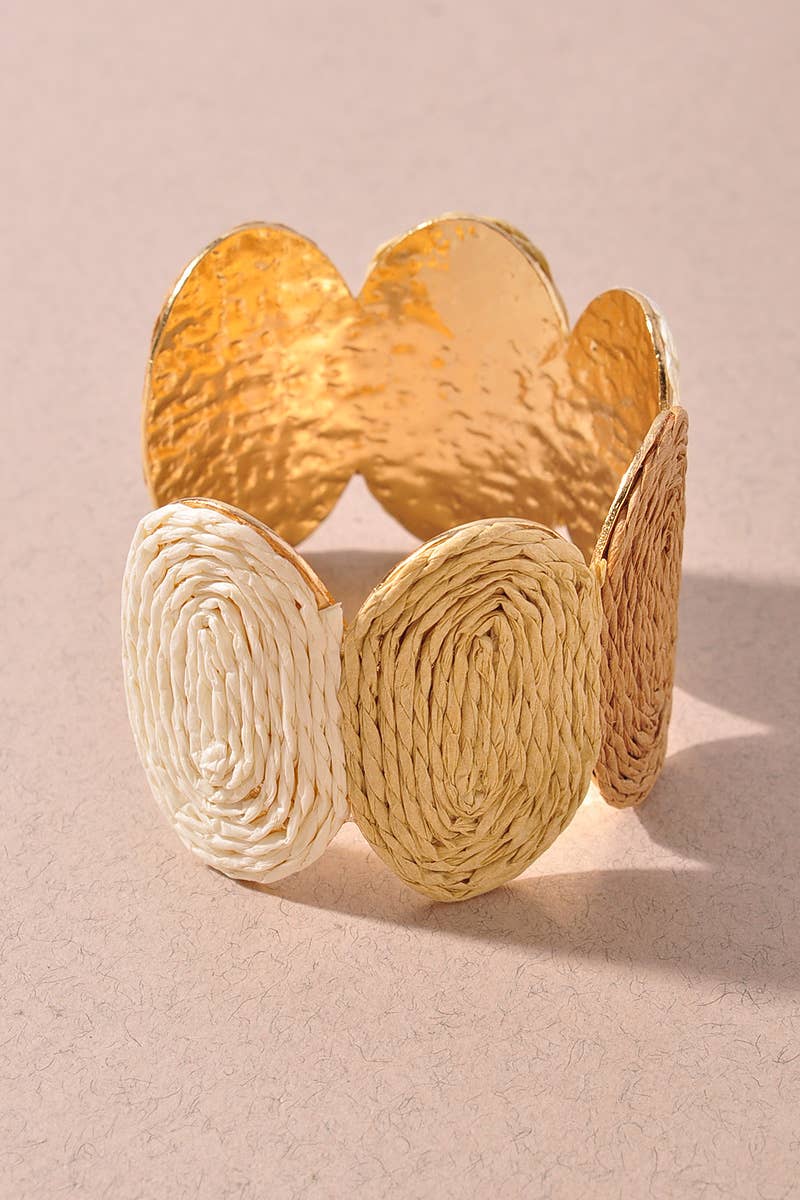 WOVEN RAFFIA DISC METAL CUFF BRACELET