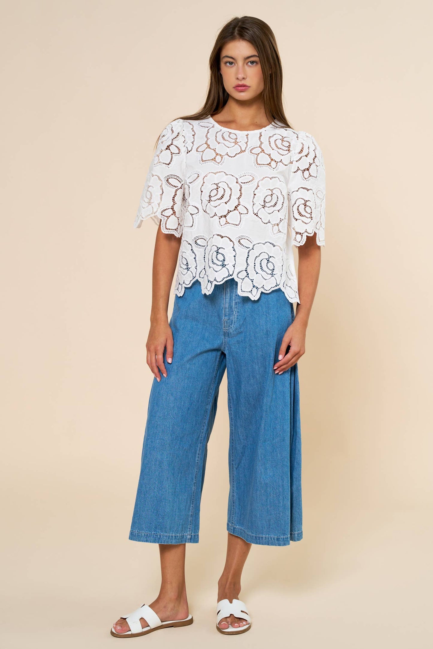 Floral Eyelet Short Bell Sleeve Top