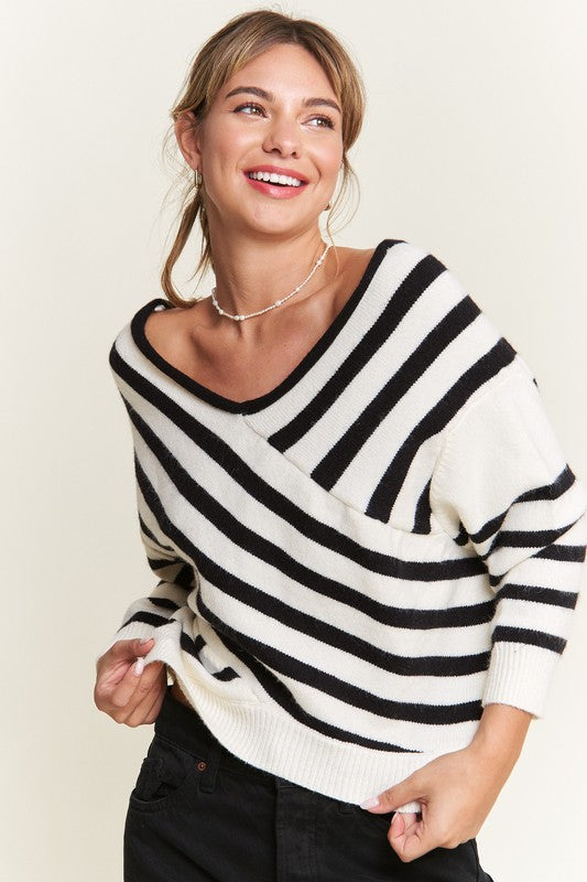 Ivory V-neck Striped Sweater