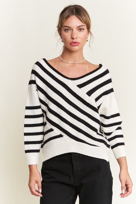 Ivory V-neck Striped Sweater