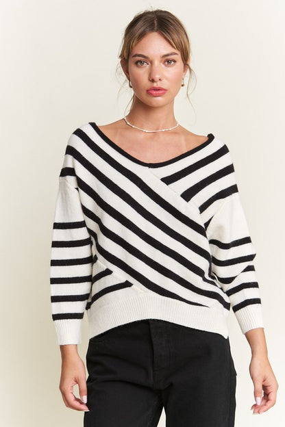 Ivory V-neck Striped Sweater