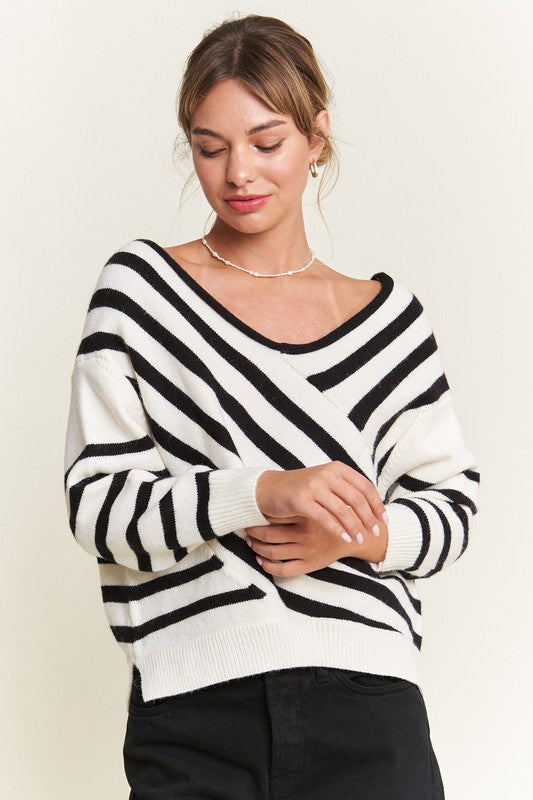 Ivory V-neck Striped Sweater