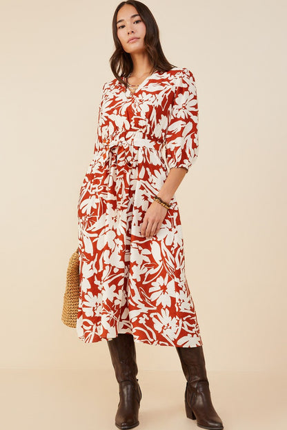 Botanical Print Belted Wrap Dress