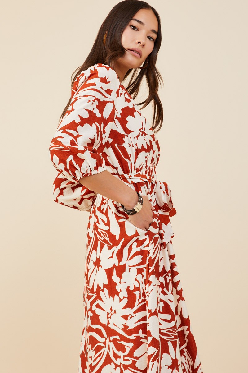Botanical Print Belted Wrap Dress