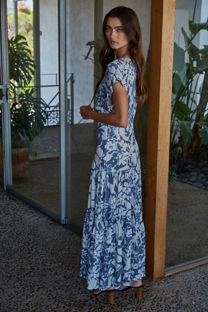 Woven Rayon Floral Print Short Sleeve Maxi