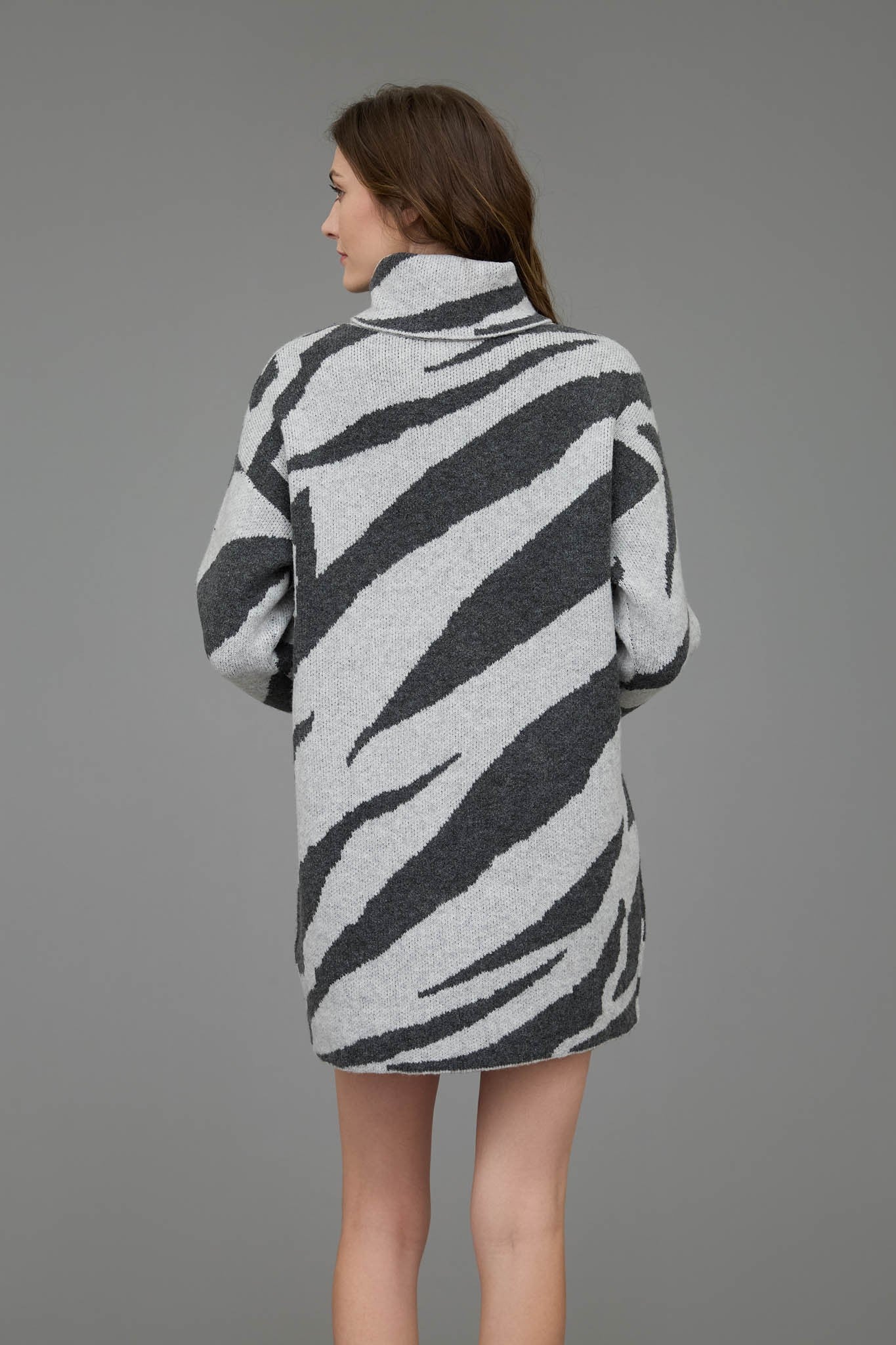 Zebra Print Turtleneck Long Sleeve Sweater Dress