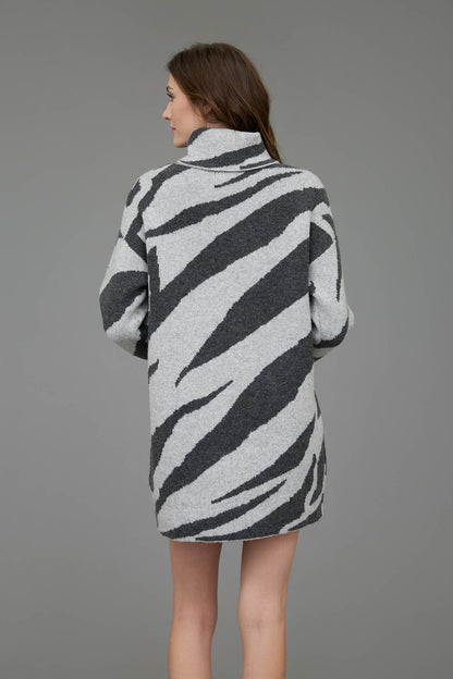 Zebra Print Turtleneck Long Sleeve Sweater Dress