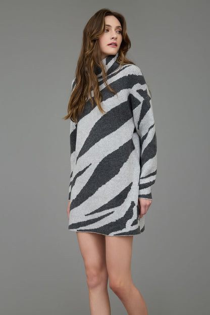 Zebra Print Turtleneck Long Sleeve Sweater Dress