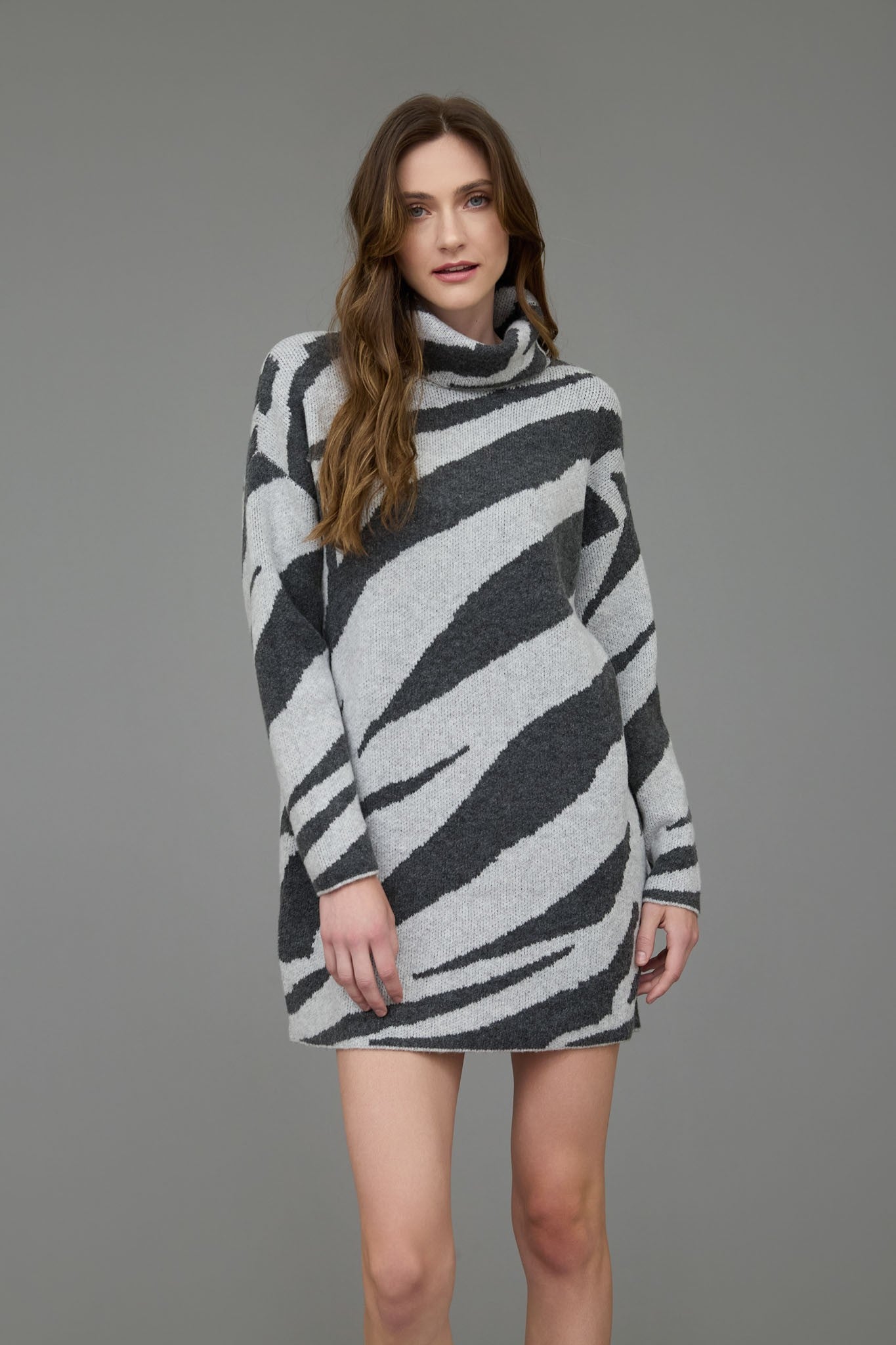 Zebra Print Turtleneck Long Sleeve Sweater Dress