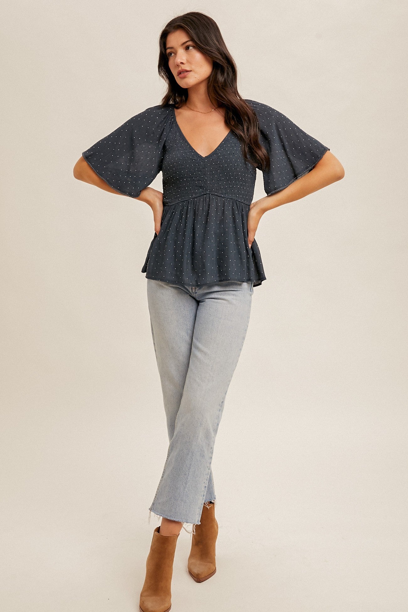 Rhinestud Flutter Sleeve Smocked Peplum Top