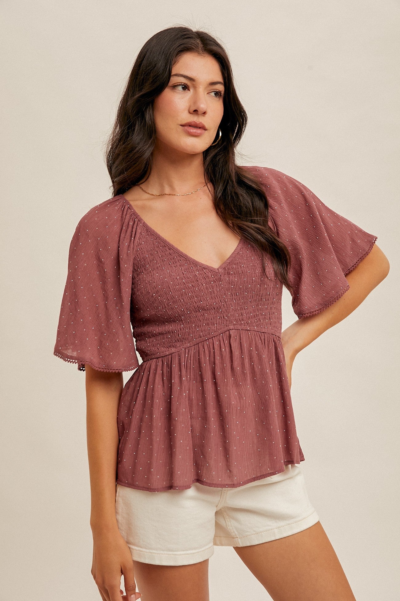 Rhinestud Flutter Sleeve Smocked Peplum Top