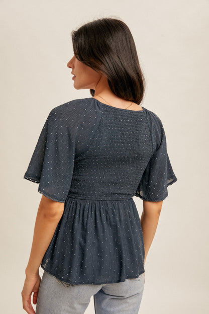 Rhinestud Flutter Sleeve Smocked Peplum Top
