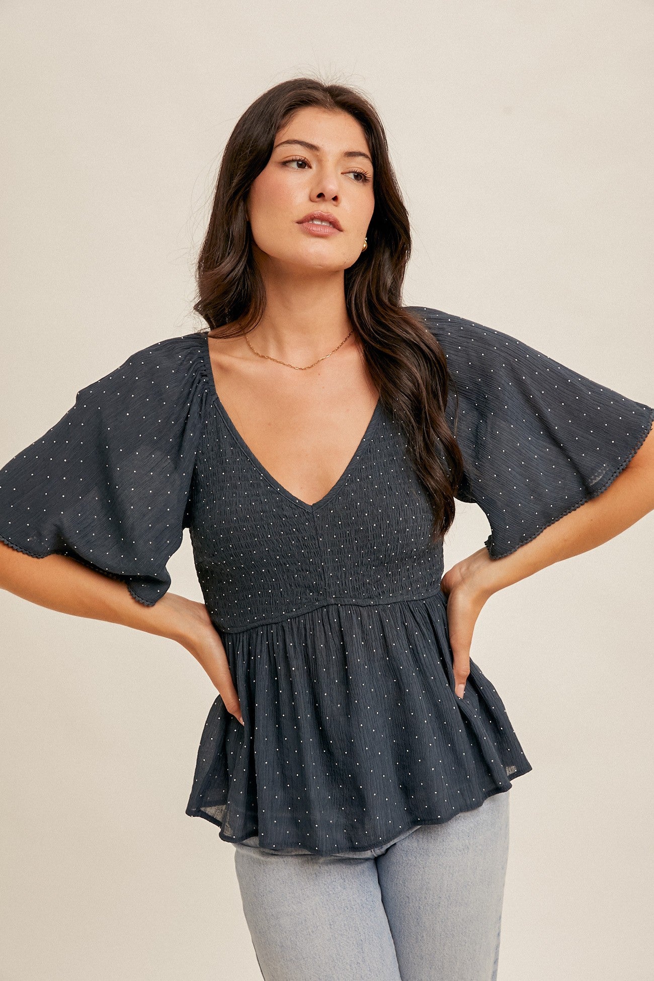 Rhinestud Flutter Sleeve Smocked Peplum Top