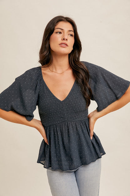Rhinestud Flutter Sleeve Smocked Peplum Top