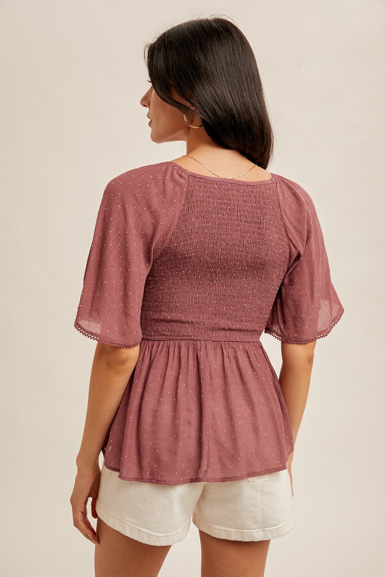 Rhinestud Flutter Sleeve Smocked Peplum Top