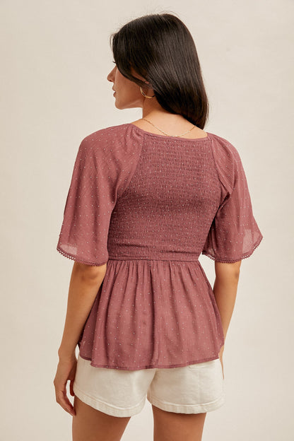 Rhinestud Flutter Sleeve Smocked Peplum Top