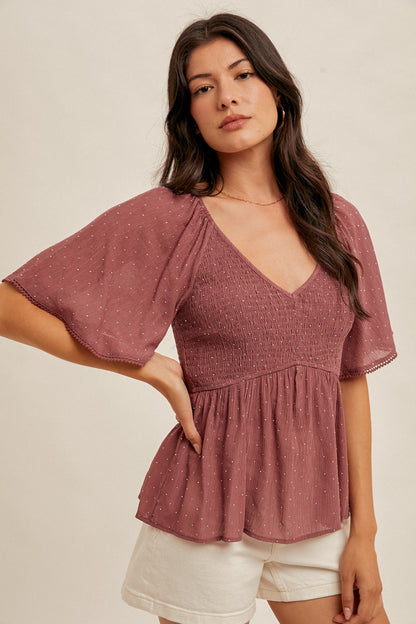 Rhinestud Flutter Sleeve Smocked Peplum Top