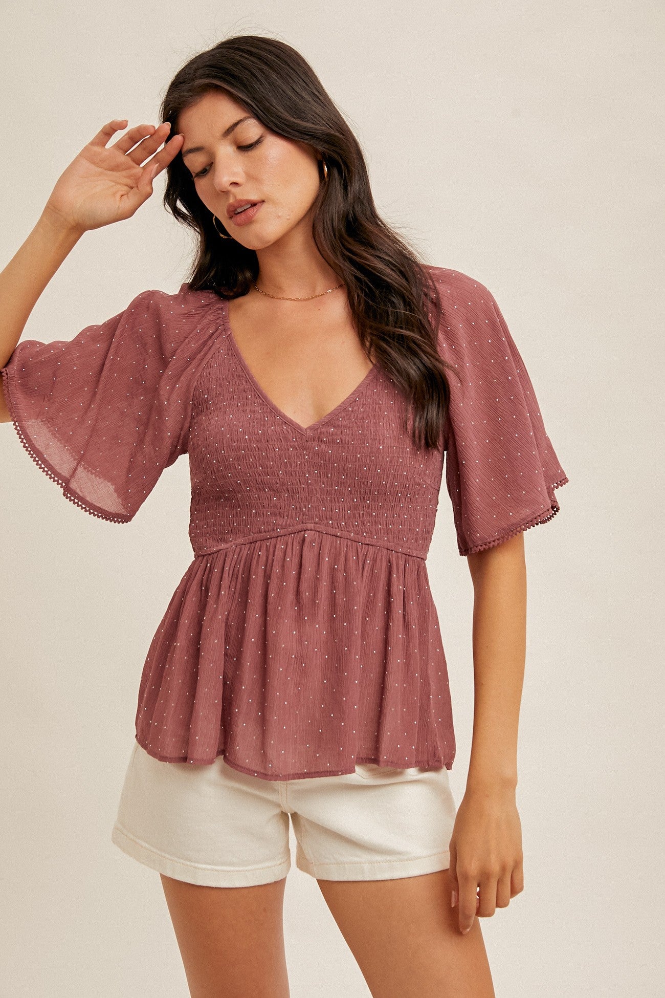 Rhinestud Flutter Sleeve Smocked Peplum Top