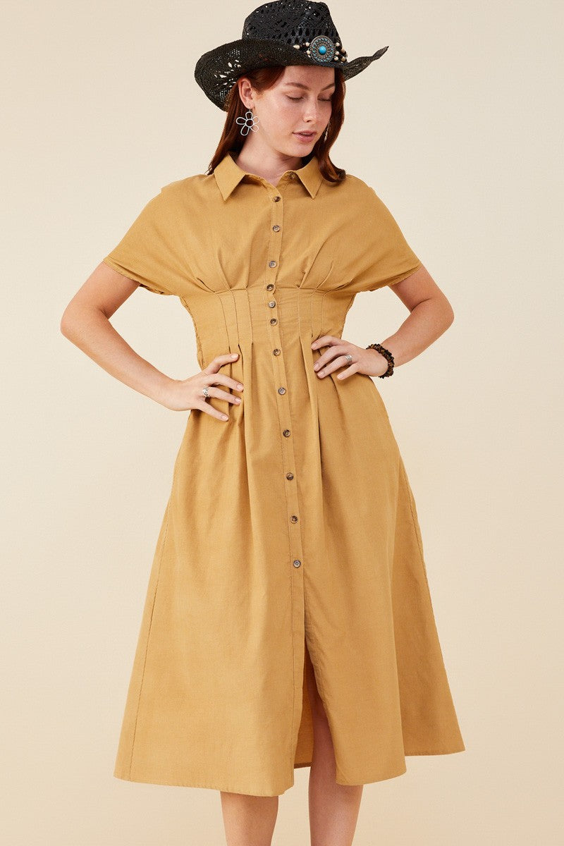 Pintucked Waist Button Up Corduroy Dress