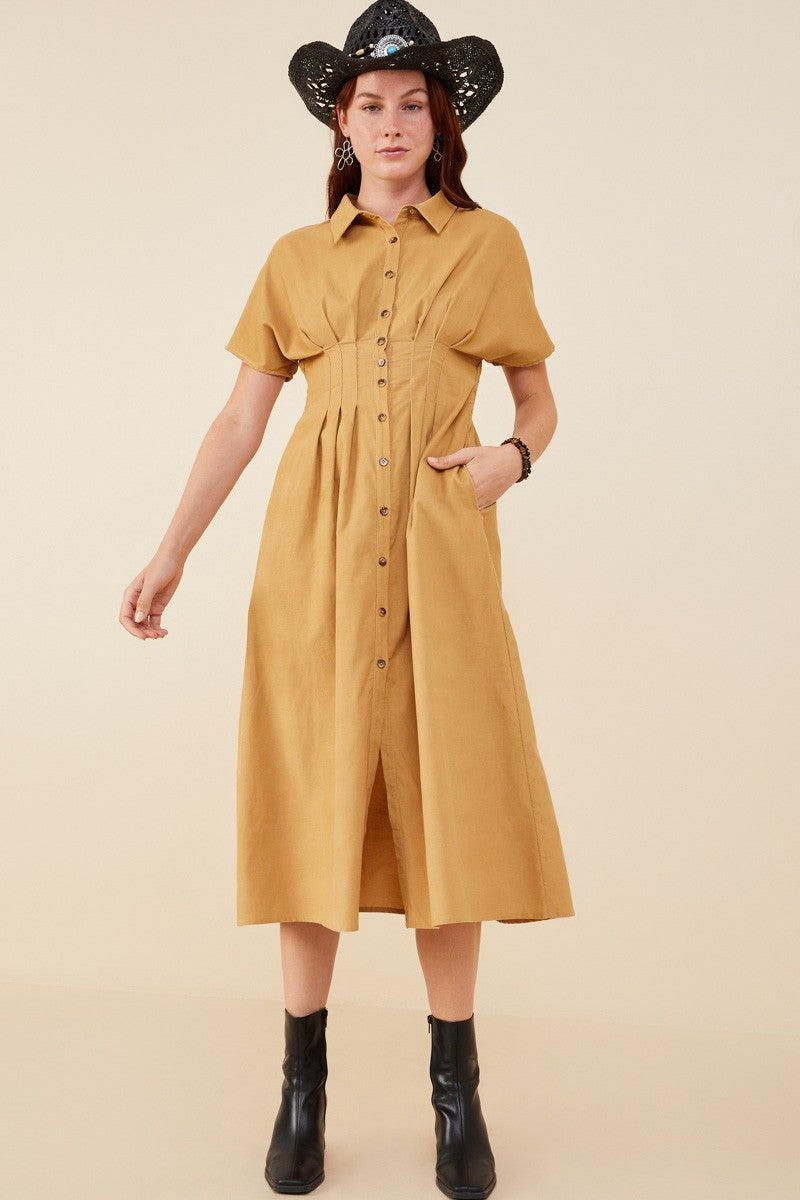 Pintucked Waist Button Up Corduroy Dress