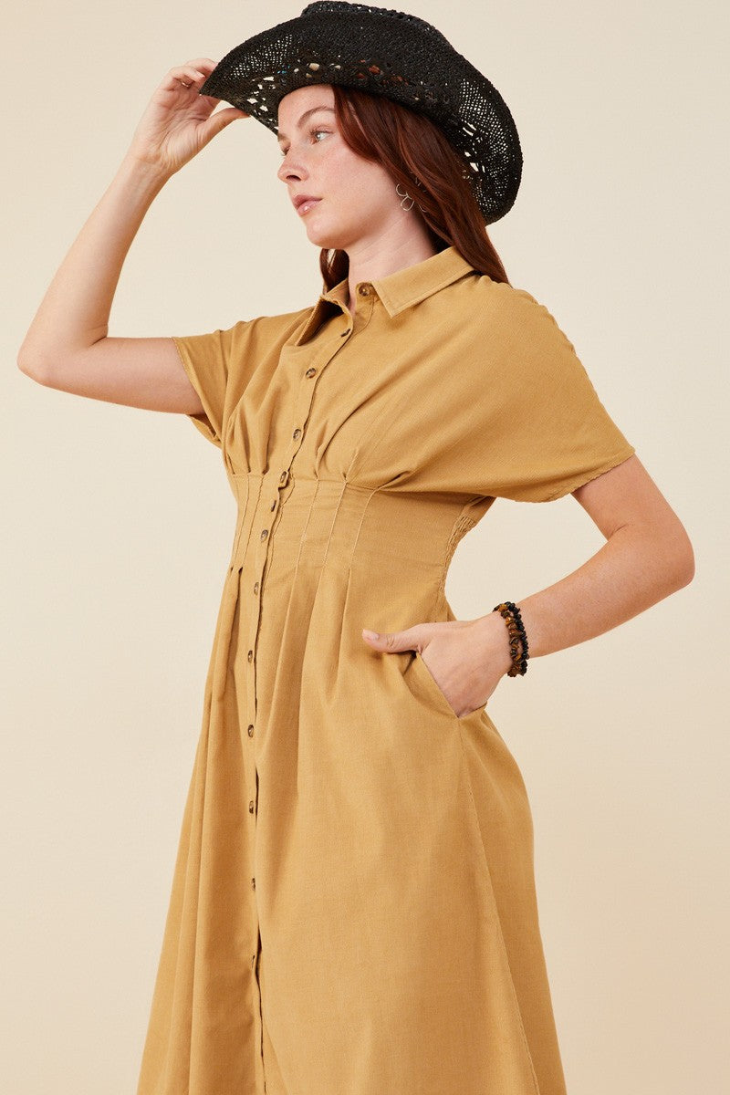 Pintucked Waist Button Up Corduroy Dress