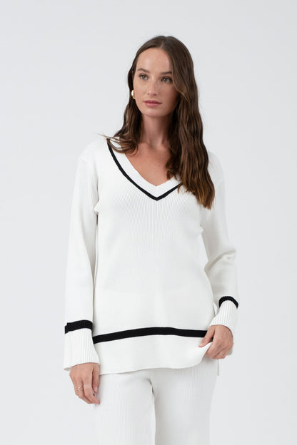 Contrast Trim V Neck Pullover Sweater