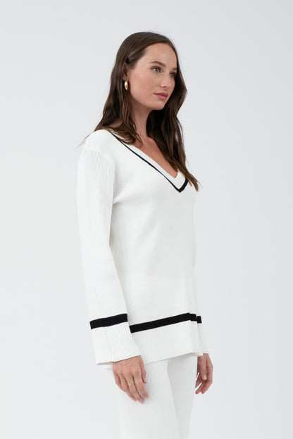 Contrast Trim V Neck Pullover Sweater