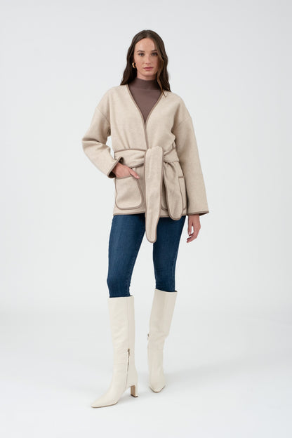 Contrast Trim Belted Coat